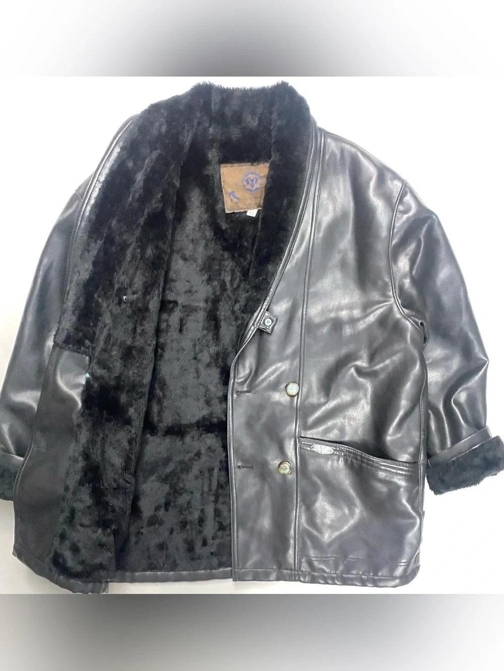 Vintage Marlboro Man Black Leather Suede Shearling Jacket Coat Made In Italy XL